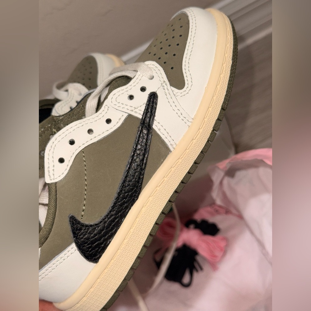 Jordan Olive and White Sneakers